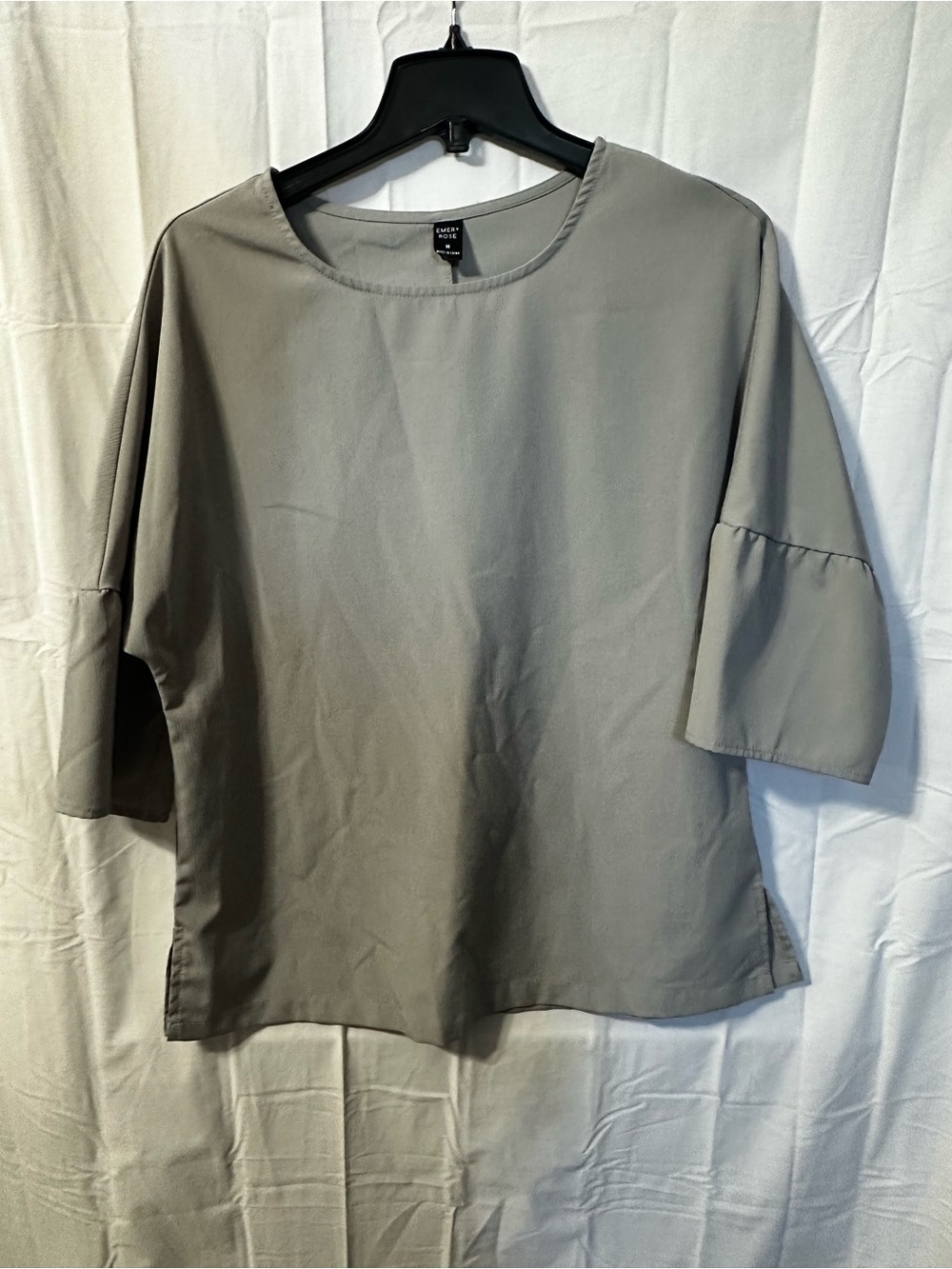 Lush Soft Gray Round-Neck Bell-Sleeve Blouse